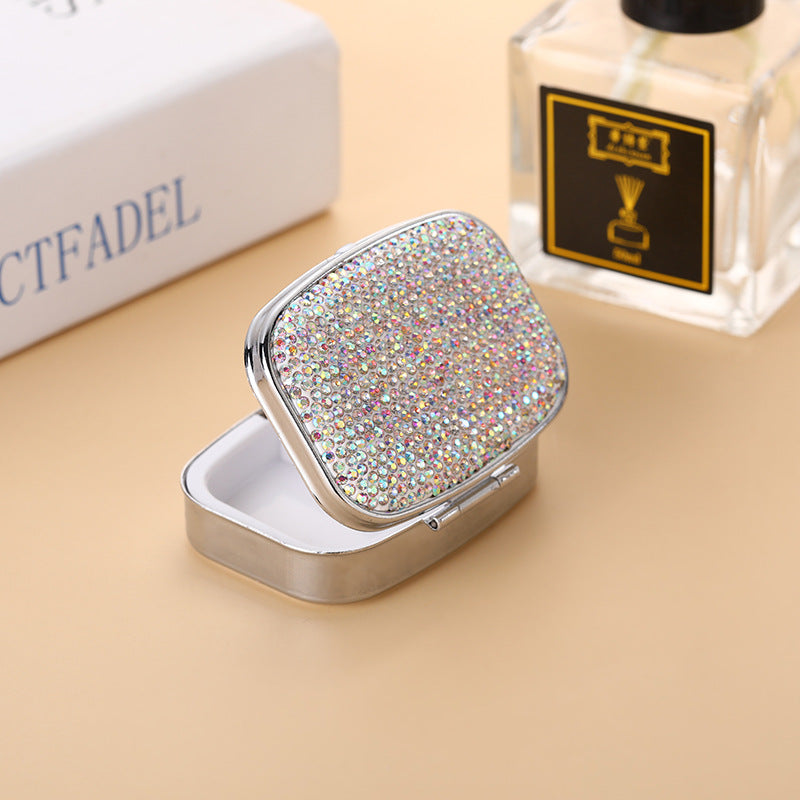 Wholesale Metal Diamond-encrusted Two-compartment Medicine Box, Portable with Mirror
